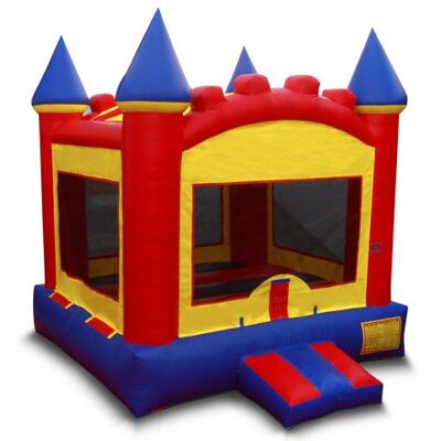 Red and yellow inflatable bounce house castle.